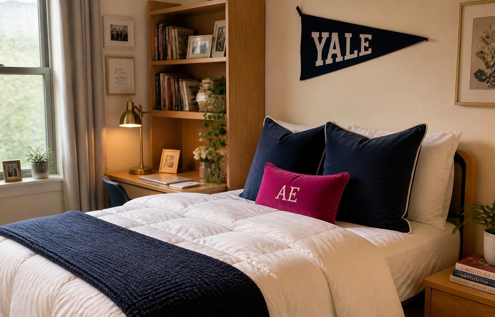 Cozy white down comforter styled in a dorm bed